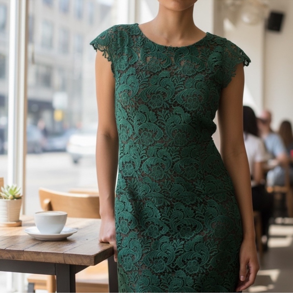 Eliza J Emerald Green Lace Sheath Dress | Wedding Guest | Cocktail | Size 8